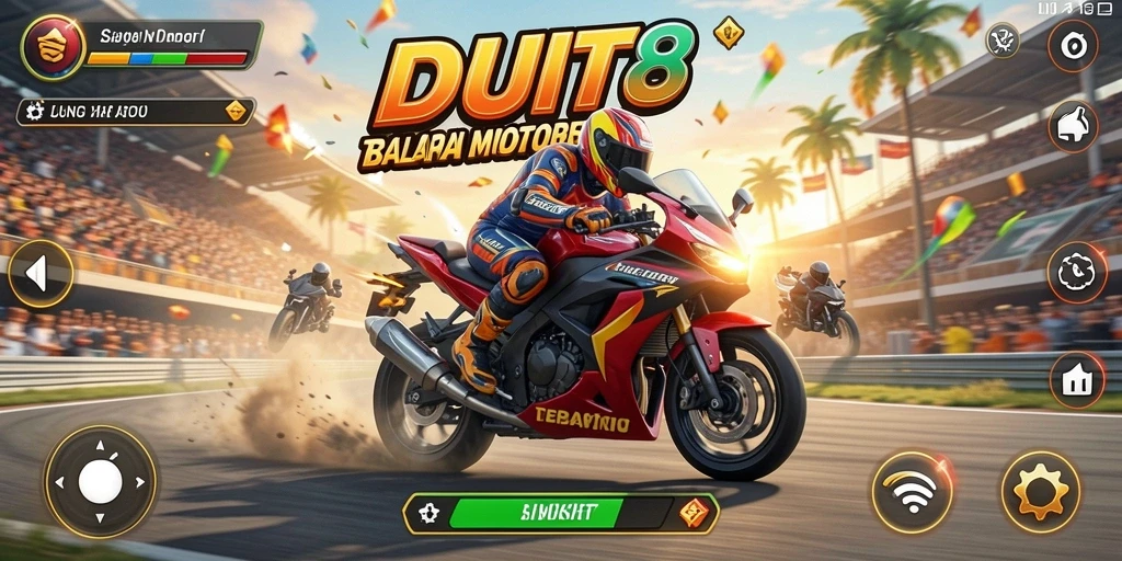 Tangkapan layar gameplay DUIT8 yang menampilkan balapan motor yang mendebarkan.