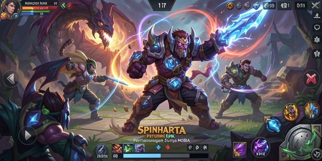 Tangkapan layar utama SPINHARTA menampilkan aksi seru dalam pertempuran MOBA.